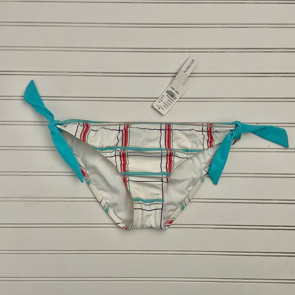 Hurley Plaid Bikini Swimsuit Bottoms NWT White & Teal Juniors Size Medium